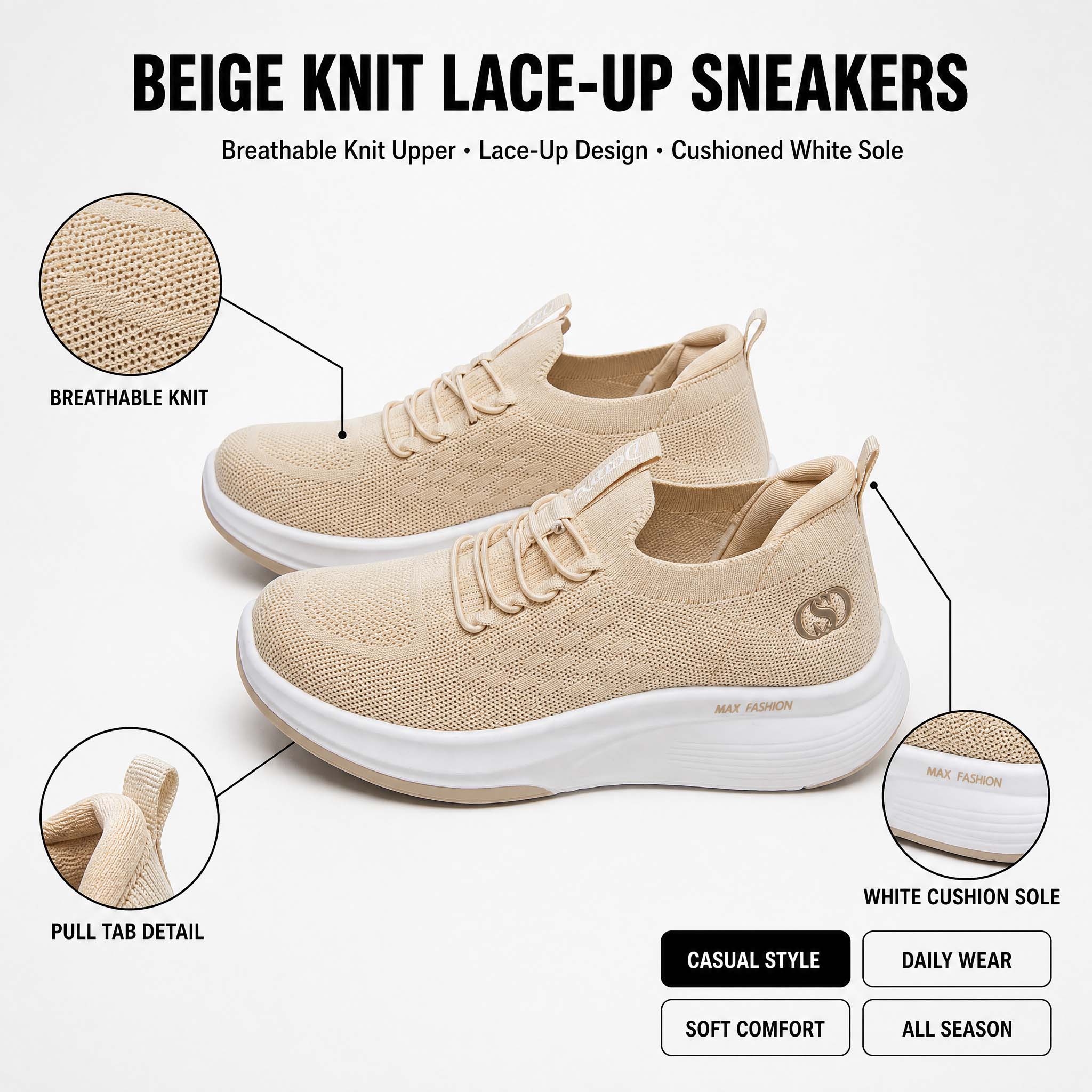 Knit Fabric Lace Up Sneakers - 여성용 니트 소재 플랫폼 워킹화, 통기성이