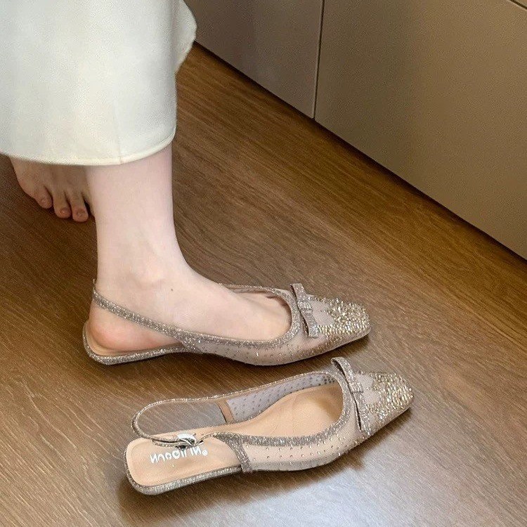 글리터 라인스톤 보우 슬링백 플랫 여성 스퀘어 토 얇은 - Sandals 리뷰 및 가격