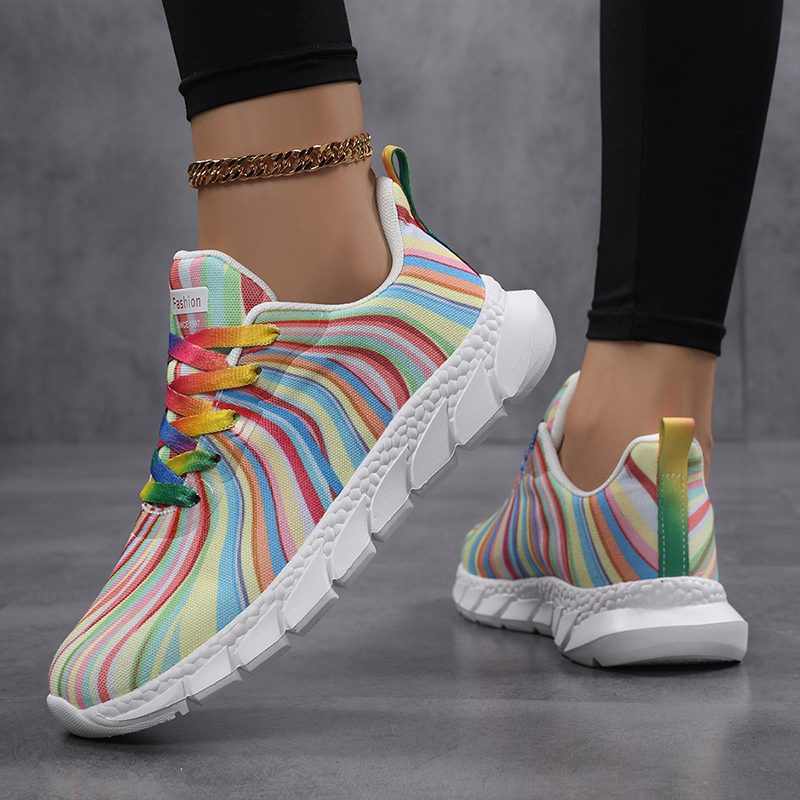 여성용 무지개 줄무늬 스니커즈, 플라잉 니트 소재, 끈 - Knit Fabric Lace Up Sneakers 리뷰 및 가격
